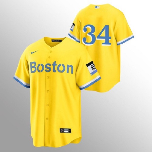 Men's Boston Red Sox #34 David Ortiz Gold MLB 2021 City Connect Stitched Jersey Men's Boston Red Sox #34 David Ortiz Gold MLB 2021 City Connect Stitched Jersey